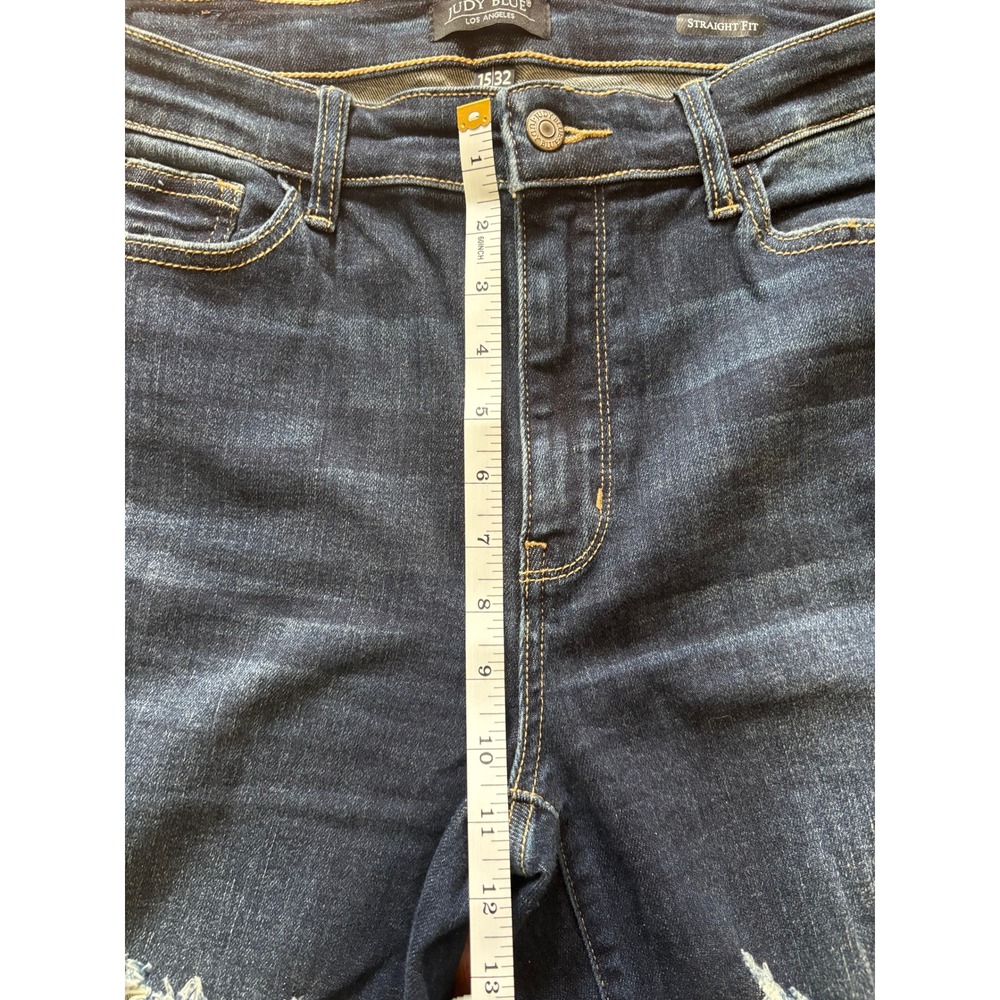 Judy Blue Straight Fit Distressed Jeans Dark Wash Raw Hem Size 15 32 - Picture 5 of 9